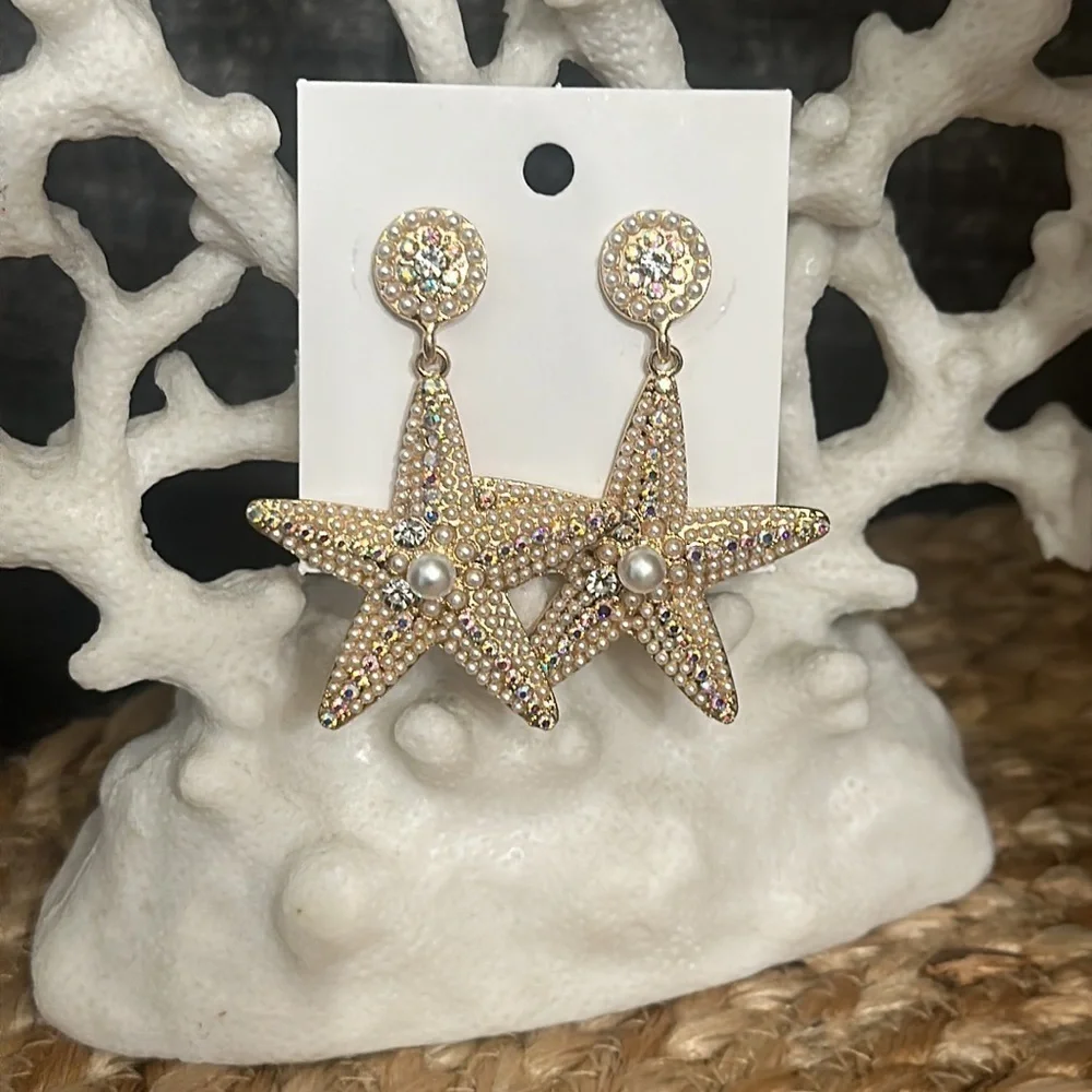 Starfish Summer Vacation Tropical Beach Gold Rhinestone Earrings